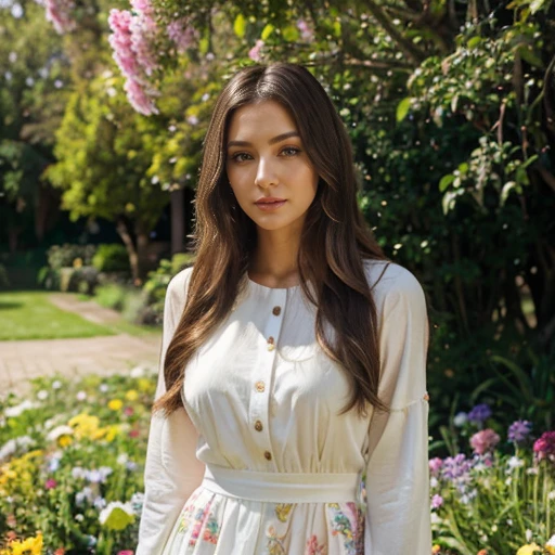 mature sister, full body, realistic clothing, beautiful detailed eyes, beautiful detailed lips, long eyelashes, expressive face, confident expression, natural flowing hair, stylish outfit, standing in a vibrant garden, surrounded by colorful flowers, sunlight gently illuminating her face, vibrant colors, high resolution, sharp focus, professional photography, capturing the essence of her personality and inner beauty