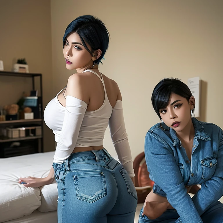 Hot , wearing sexy jeans, BLUE hair, short hair, big ass, thicc, seductive expression, Full body, earrings, Black Lipstick