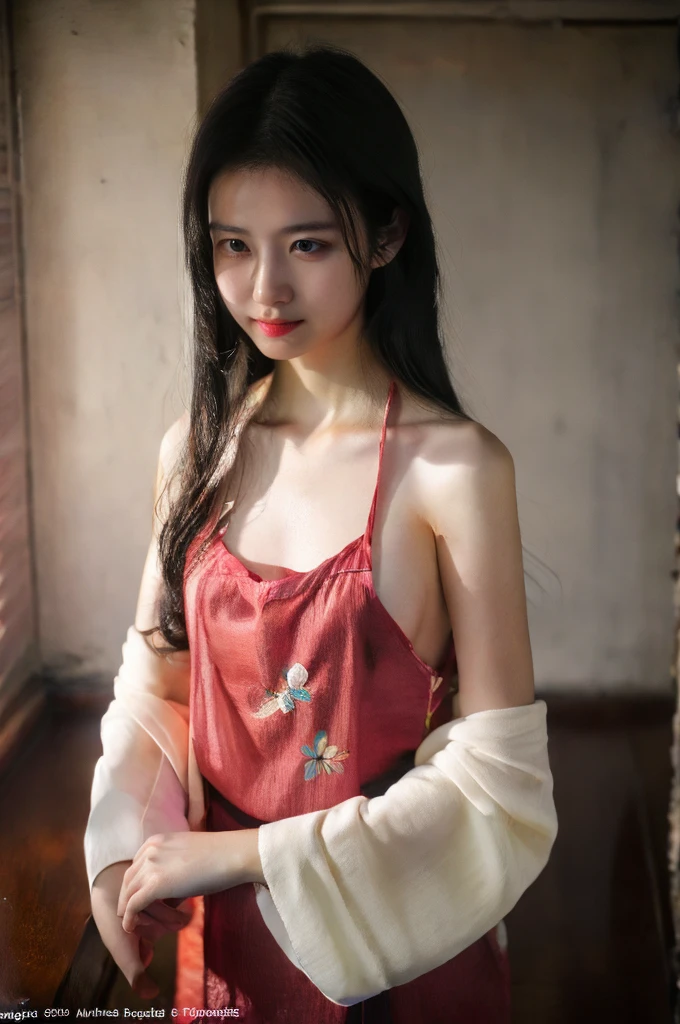 best qualtiy，resolution,unity 8k wallpaper,(illustration:1),perfect lighting,photo_\(medium\),photorealistic,realistic, finely detail,extremely detailed, Upper Body，Refined face，a cute  asian little girlbody，Smaller bust，greasy，Sweat Wet, wet breasts, wet body，Hanfu, Chinese Hanfu, Dudou, Chinese cloth Dudou, kneeling, kneeling down, close-up, Shoot from top to bottom，high angle