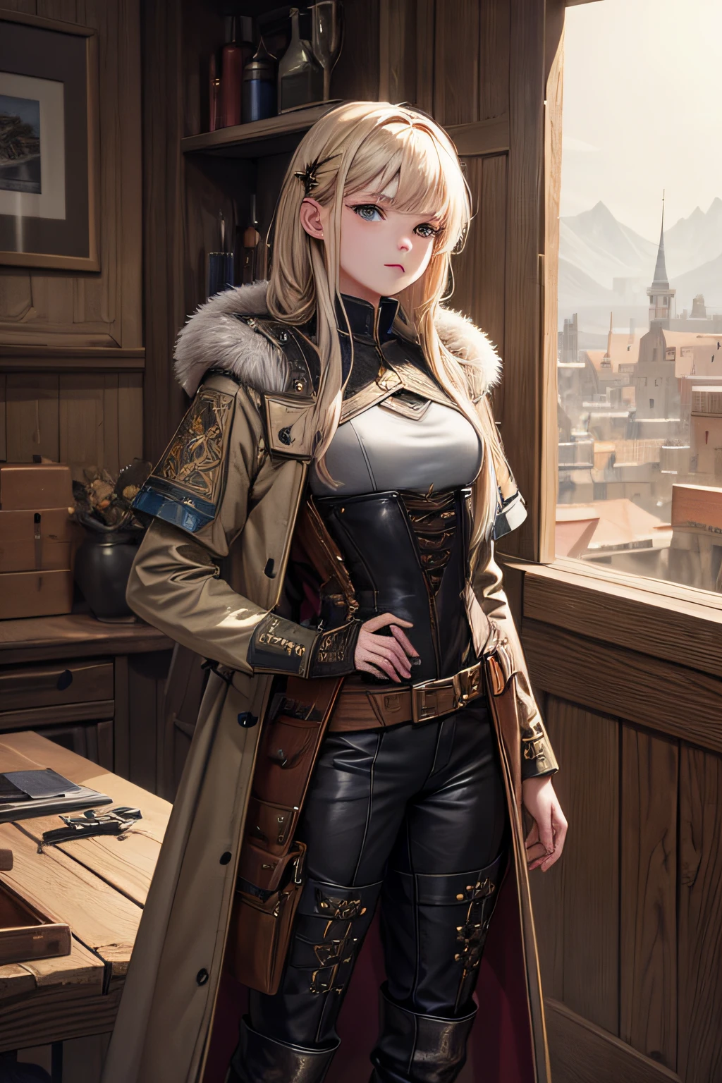  girl, medieval hunter, long pants, boots, coat , hunting gear and accesories,, sexi, small breasts, , highly detailed, vibrant appearance, creative behavior, extremly detailed, imaginative, sensual, spontaneous, highest quality, skin texture, intricate details, (cinematic lighting), RAW photo, 8k, masterpiece,best quality,ultra-detailed,very detailed illustrations,extremely detailed,intricate details,highres,super complex details,extremely detailed 8k cg wallpaper,