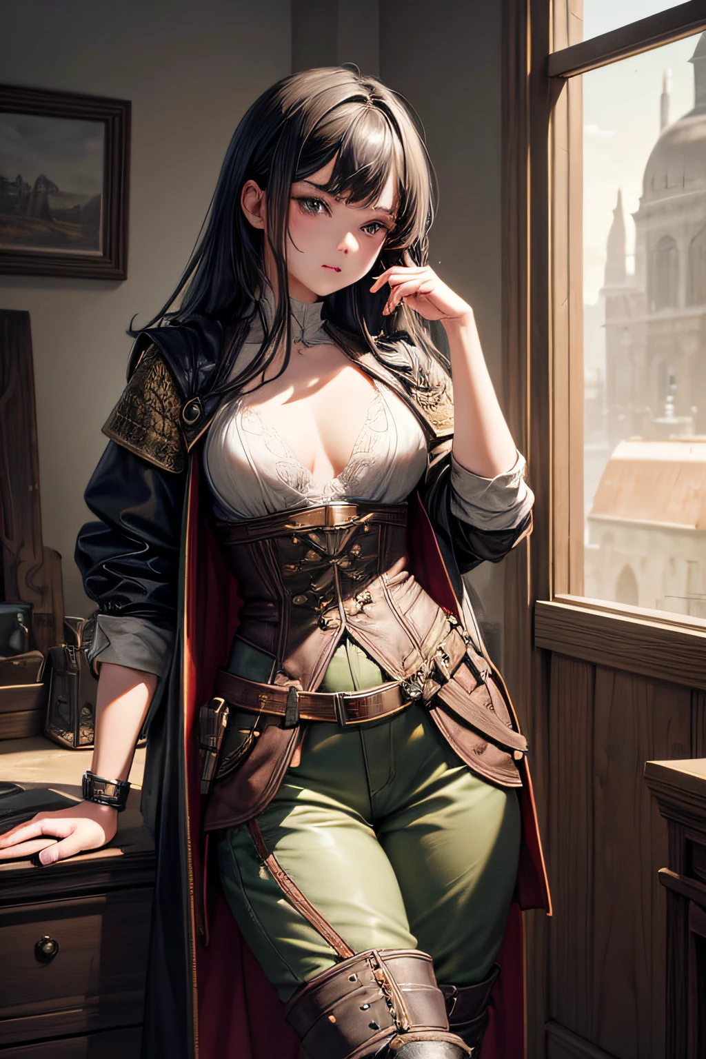girl, medieval hunter, long pants, boots, coat , hunting gear and accesories,, sexi, small breasts, , highly detailed, vibrant appearance, creative behavior, extremly detailed, imaginative, sensual, spontaneous, highest quality, skin texture, intricate details, (cinematic lighting), RAW photo, 8k, masterpiece,best quality,ultra-detailed,very detailed illustrations,extremely detailed,intricate details,highres,super complex details,extremely detailed 8k cg wallpaper,