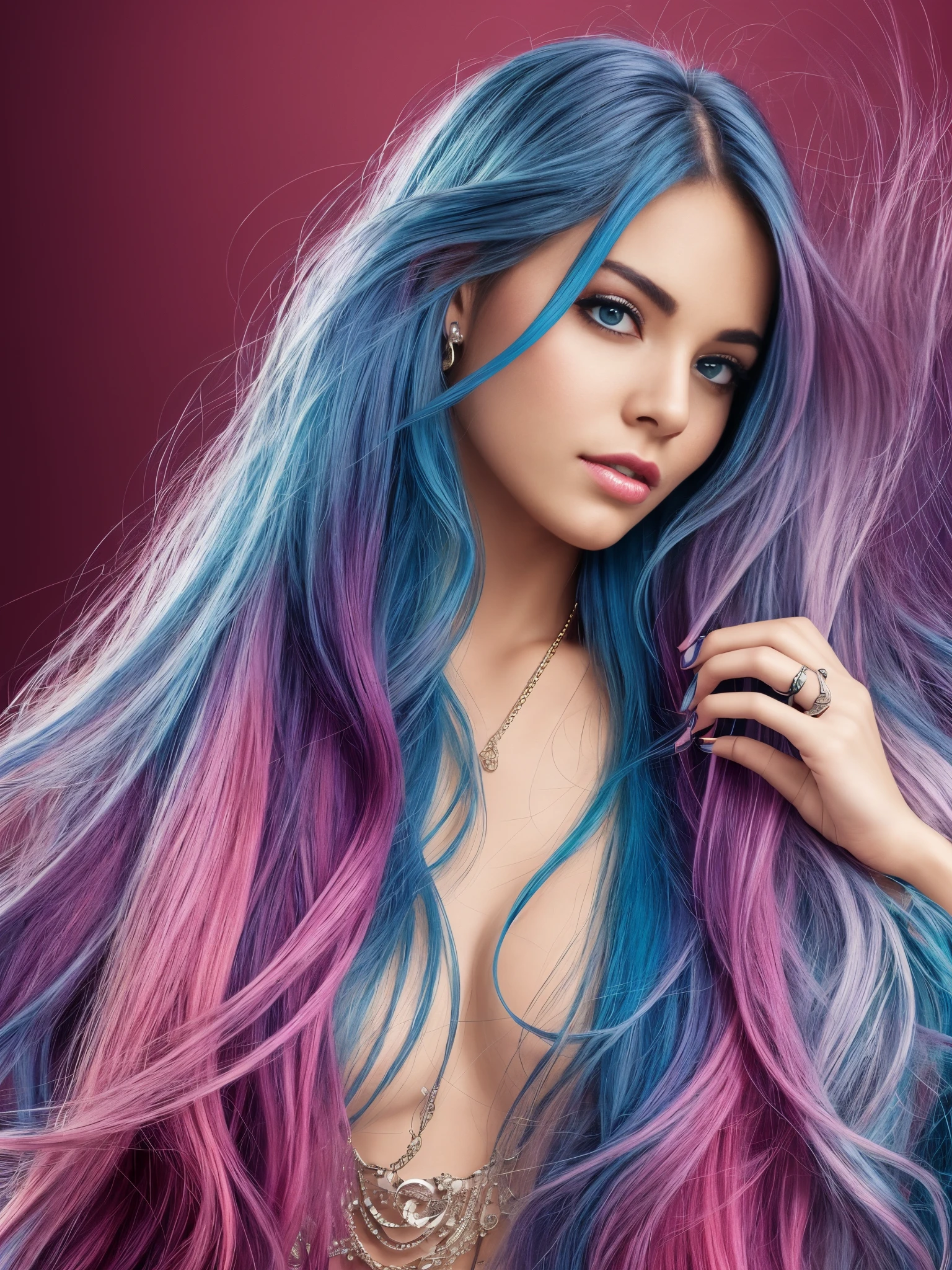 4K UHD, 90s beautiful girl, lip stick advertisement, colorful, nail polish, turquoise straight long hair, leather jacket, eye liner, real high quality , cinamatic light --auto --s2