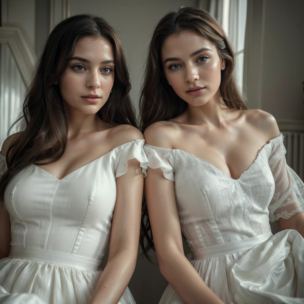(best quality,4k,8k,highres,masterpiece:1.2),ultra-detailed,(realistic,photorealistic,photo-realistic:1.37),charming,beautiful,celebrity,twins,portrait,charisma,detailed facial features,gorgeous blue eyes,endearing smile,long luscious lashes,perfectly arched brows,twin sisters,striking resemblance,flawless complexion,soft and radiant skin,beautifully styled hair,fashionable attire,elegant dresses,dynamic poses,sisterly bond,artistic illustration,stunning,heavenly light,atmospheric background,subtle and enchanting colors,classic black and white,stylish and sophisticated style,celebrity glamour,vintage vibes,emotional connection,melancholic atmosphere,serene and peaceful setting,ethereal and dreamy aesthetic.