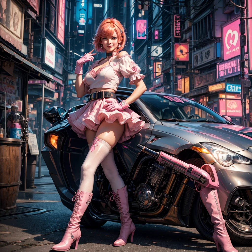 1girl, cowboy shot, beautiful noralkyrie, looking at viewer, blush, smile, short hair, bangs, blue eyes, holding, hair between eyes, jewellery, medium breasts, collarbone, full body, boots, shiny orange hair, grin, blue cropped jacket, white thighhighs, hammernight, dynamic pose, metallic gloss, ((aesthetic cyberpunk)), (volumetric lighting), best quality, masterpiece, intricate details, tonemapping, sharp focus, hyper detailed, heart cut-out, gloves, jacket, pink skirt, pink belt, short sleeves, puffy sleeves, single armband, fingerless gloves, pink gloves, white ankle boots with pink soles, cyberpunk city background