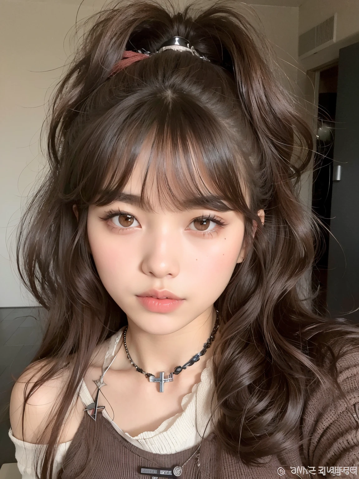 arafed woman with long hair and a necklace with a cross on it, ulzzang, fluffy bangs, popular south korean makeup, popular korean makeup, brown hair with bangs, brown bangs, neat hair with bangs, korean girl, brown hair and bangs, sakimichan, young adorable korean face, brown long hair with bangs, lalisa manobal