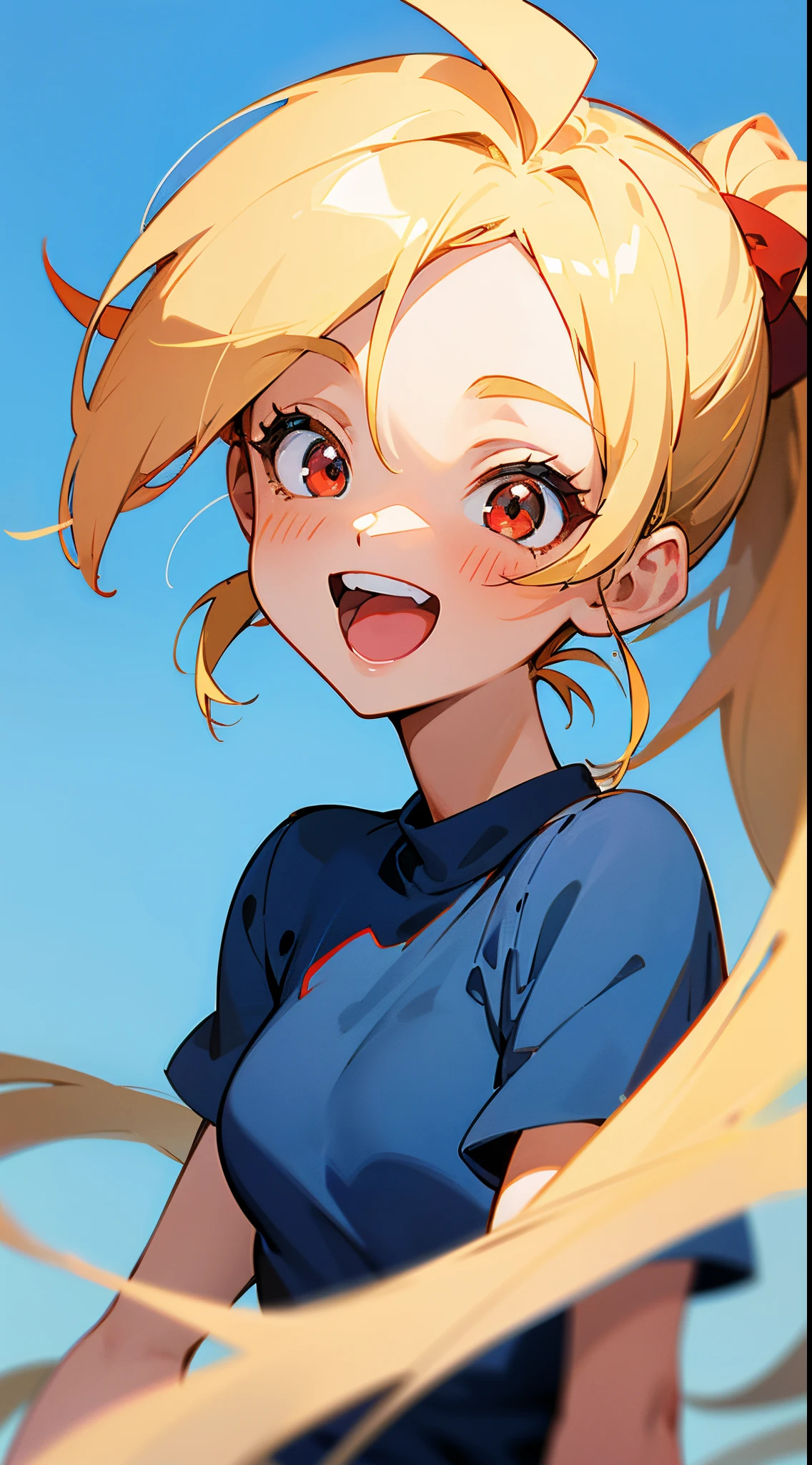 1 girl, Blonde ponytail、Ahoge、big round red eyes、small tits, Sky blue solid color background, Pure blue background, Dark blue background, warm tone, Red T-shirt, Laugh, happily laughing, Upper body close-up, Anime style, Wallpaper, avatar, close up of head