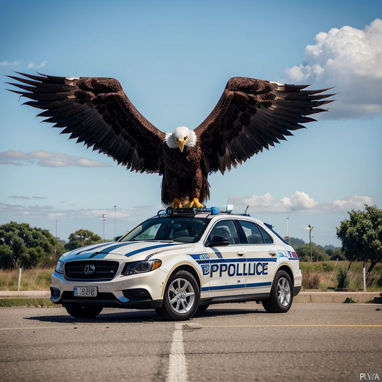 Eagle in the foreground, with a police car behind the eagle. Texto com a palavra "Yankee policial" no meio da imagem.
