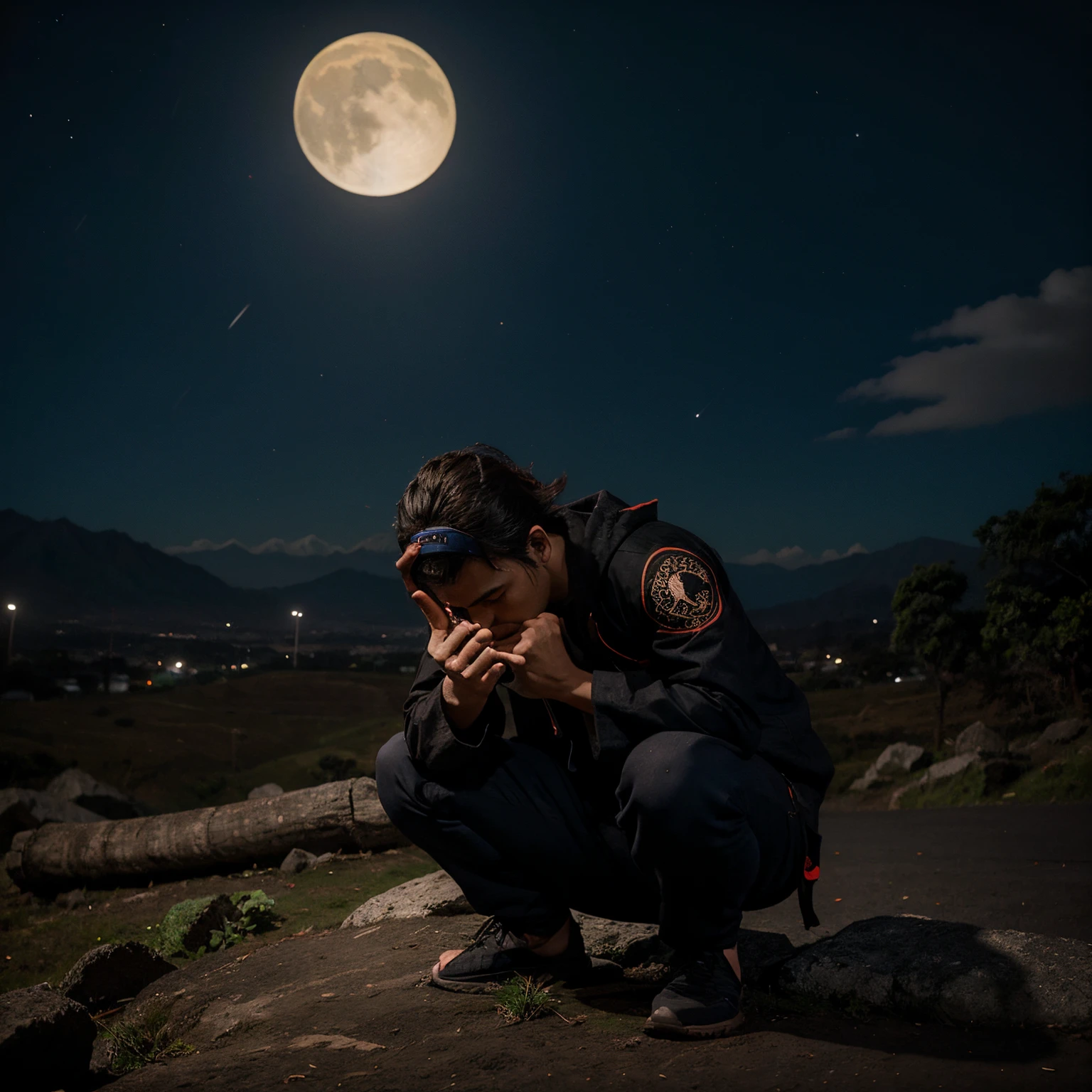 Um coelho espadachim em Sima de uma cavazak em uma noite escura com uma lua de Naruto