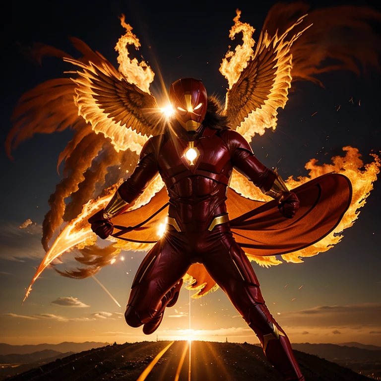 Sun superhero made of fire and flying