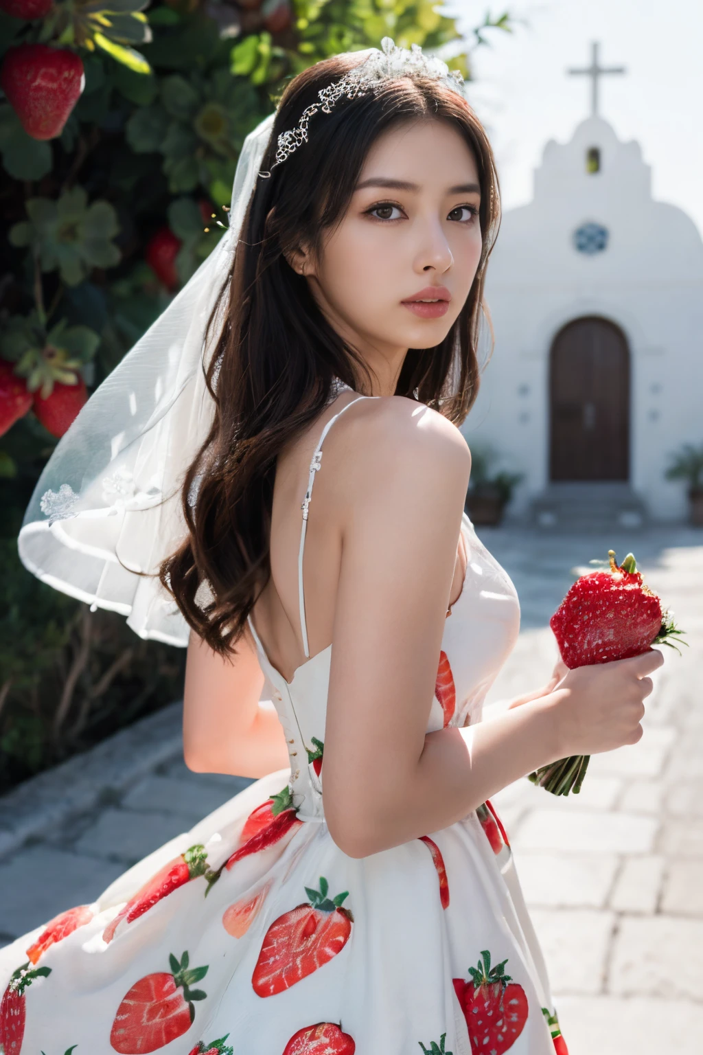 ((masutepiece:1.4, Best Quality)), (photos realistic:1.4), ((1girl in)),
(超A high resolution:1.2), Extremely delicate and beautiful, amazing, finely detail, the Extremely Detailed CG Unity 8K Wallpapers, Ultra-detailed, High resolution, Soft light,
Beautiful detailed girl, extremely detailed eye and face, beautiful detailed nose, Beautiful detailed eyes,
(wearing a strawberry print wedding dress...:1.4), Lustrous black hair, Taut,
Cinematic lighting, Perfect Anatomy,
Slender body, Standing in front of a church in Santorini, Aegean Sea, (plein air:1.3), Cute poses, Cowboy Shot
