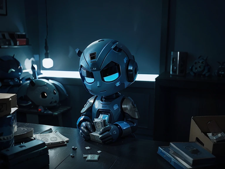 small blue robot count money in dark room