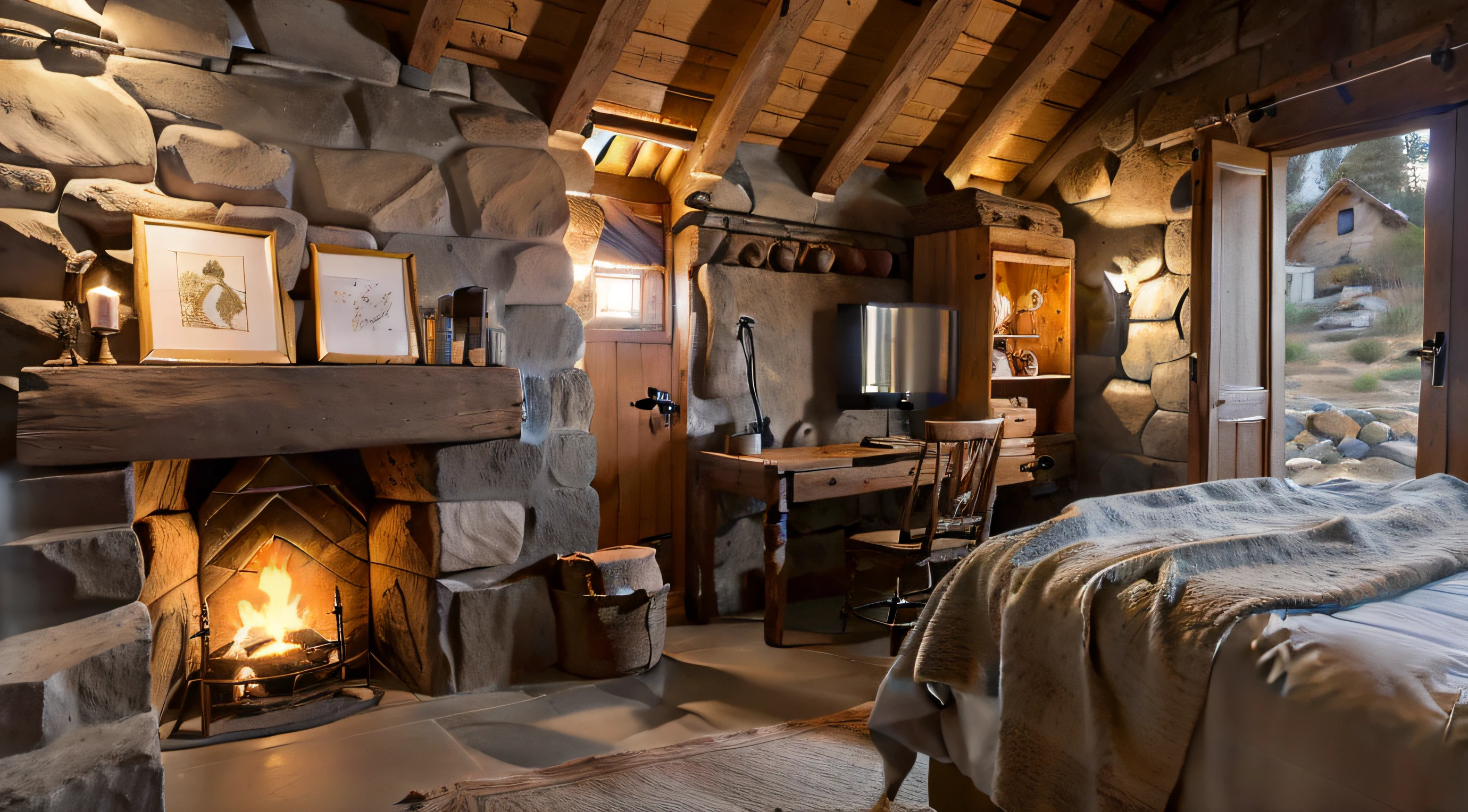 quarto arafed com lareira de pedra e uma cama, lugar aconchegante, Cozy setting, aconchegante e calmo, em uma cabine, dentro de uma cabine, nevando, neve do lado de foraCottagecore, rustic setting, ambiente acolhedor e tranquilo, quarto aconchegante, em uma antiga cabana oeste, Rustic stone hut on the horizon, lareira aconchegante, Cottagecore!!, lareira tradicional, ambiente aconchegante