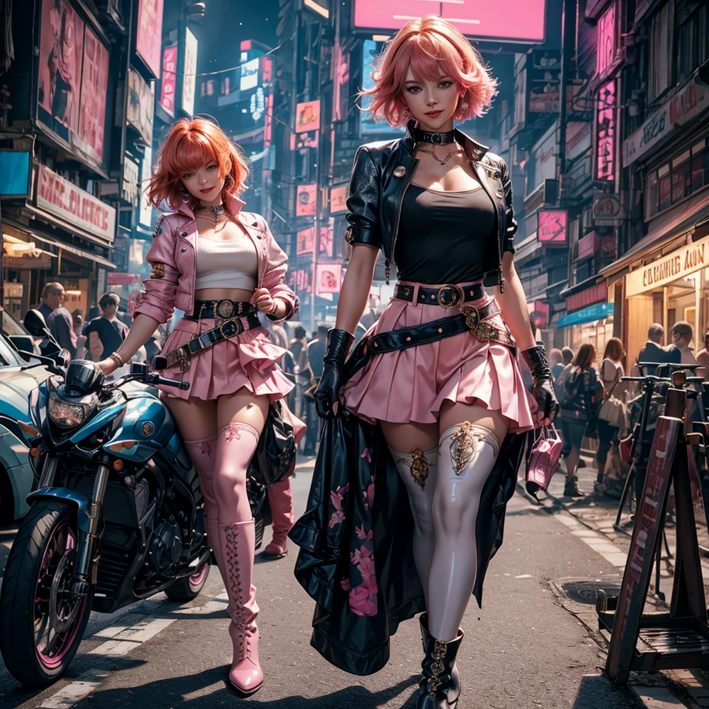 1girl, solo, cowboy shot, beautiful noralkyrie, looking at viewer, blush, smile, short hair, bangs, blue eyes, holding, hair between eyes, jewellery, medium breasts, collarbone, full body, shiny orange hair, grin, blue cropped jacket, white thighhighs, dynamic pose, metallic gloss, ((aesthetic cyberpunk)), (volumetric lighting), best quality, masterpiece, intricate details, tonemapping, sharp focus, hyper detailed, heart cut-out, gloves, jacket, pink skirt, pink belt, short sleeves, puffy sleeves, single armband, fingerless gloves, pink gloves, white ankle boots with pink soles, cyberpunk city background