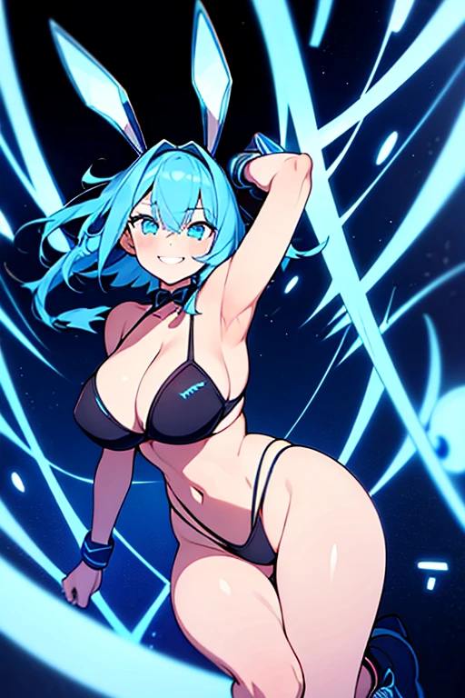 1girl, bunny ears, rabbit ears, sneakers, shoes, futuristic, tech, science-fiction, bikini, black bikini, blue trim, blue neon trim, neon trim, blue hair, very short hair, blue eyes, smile, light smile, wide hips, breasts, large breasts