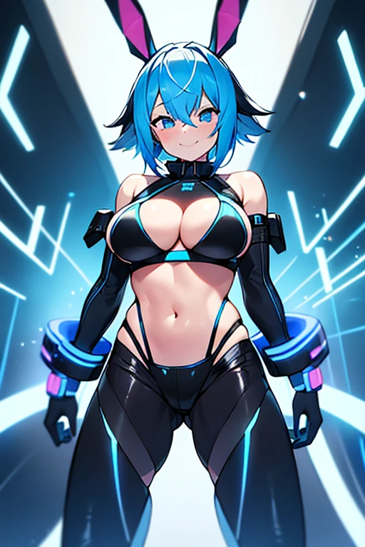 1girl, bunny ears, rabbit ears, sneakers, shoes, futuristic, tech, science-fiction, bikini, black bikini, blue trim, blue neon trim, neon trim, blue hair, very short hair, blue eyes, smile, light smile, wide hips, breasts, large breasts