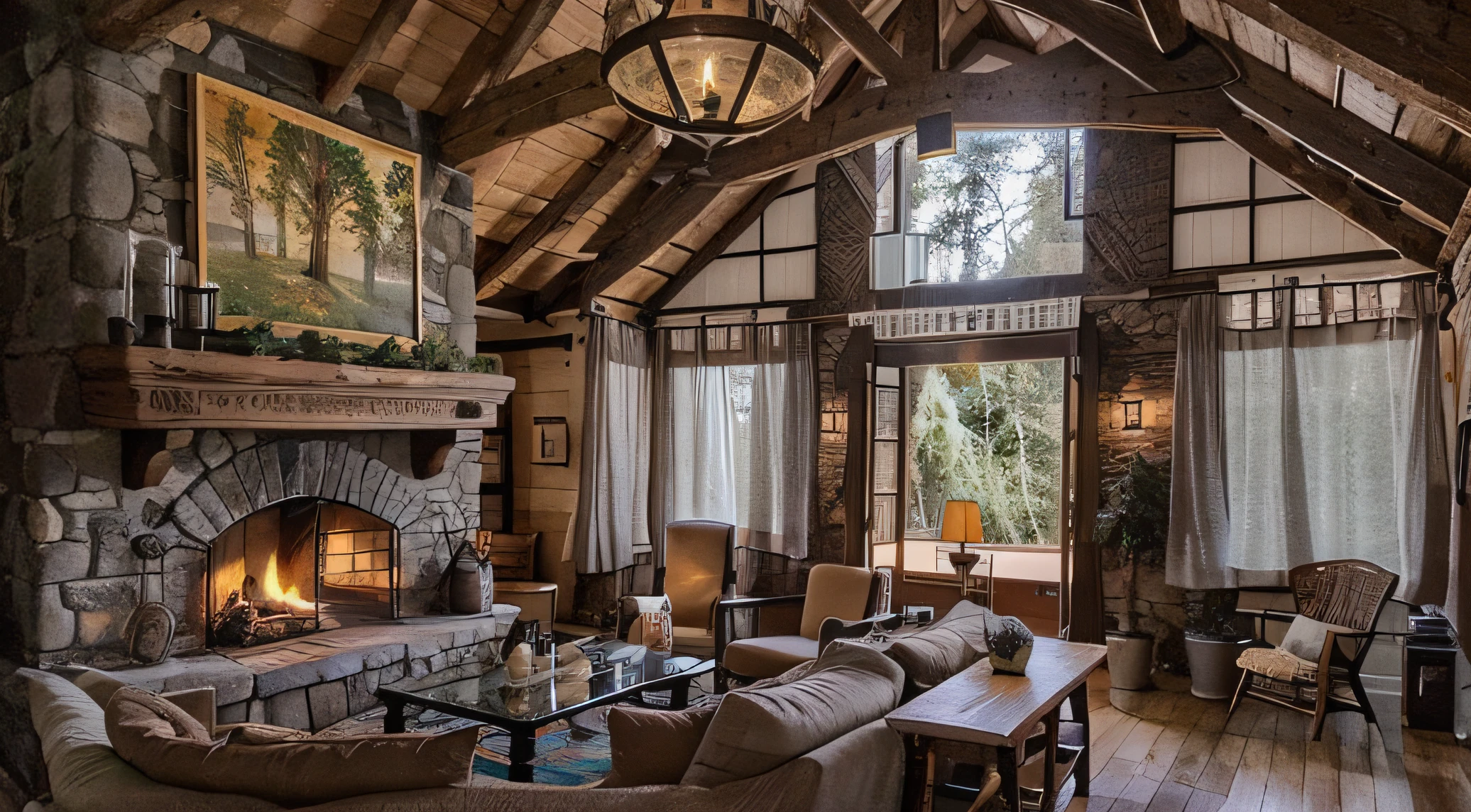 Sala de estar com lareira e uma grande janela, interior quente, sala de estar aconchegante, sala de estar quente, interiores quentes, ambiente aconchegante, lugar aconchegante, Cozy setting, muito aconchegante, dentro de uma cabine, ambiente acolhedor e tranquilo, em uma cabine, Modern rustic, aconchegante e calmo, interior aconchegante da sala de estar, interior bonito, Foto larga do interior de uma cabine