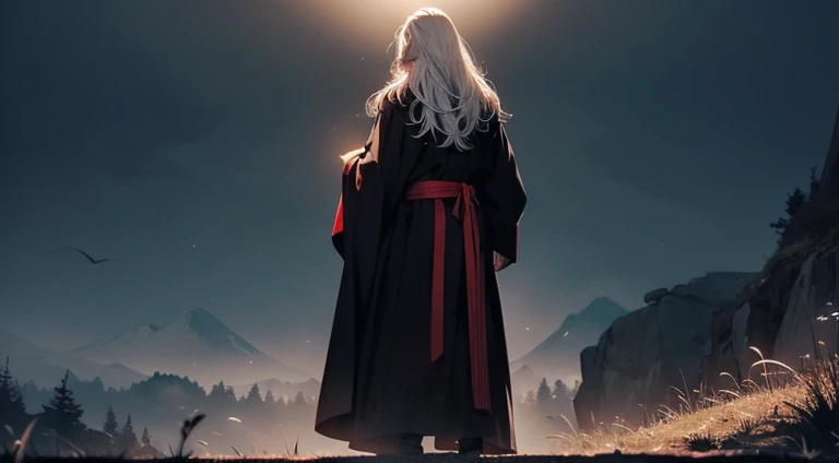 An white haired asian male with tanned skin,(the same person , 26 years old, white beard with long white hair and red pupil, wearing black robe), showing his back to the viewer, standing atop a hillside, watching as sun set, vagabond art style, kentaro miura art style, wide angle, ( full body), detailed lighting and shadows, detailed, masterpiece, 4k, good image, perfect face, good anatomy, good posture, solo.