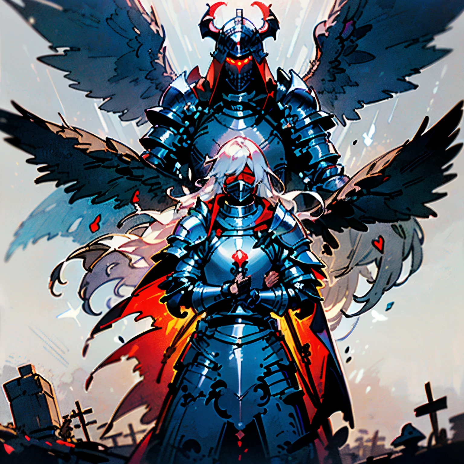 (portraite of a), ((beste-Qualit, hight resolution, ultradetailed), bright colours, ((((1 male)))), grown up, tall muscular guy, wide shoulders, Fantasy, dnd, Aasimar, person, the angel of death, black wings, White Smooth Face Mask, ((face mask)), Mask on the whole face, Hides Eyes, hides the face, White long hair, white colored hair, slick hair, straight hair, Chain mail, chain mail armor, Fantasy armor, cinematic composition, Creating an atmospheric atmosphere, knight, paladin, PaladinOathbreaker, Gothic armor, Full-length portrait of a mysterious knight, Wearing heavy armor, pale skin, macabre, Gloomy design, Has red smoke and aura, evil knight, Fallen Knight, eldritch, Creepy, nightmarish, Epic Angel Wings, light around the head, red torn cloak, Additional lighting, whitebackground