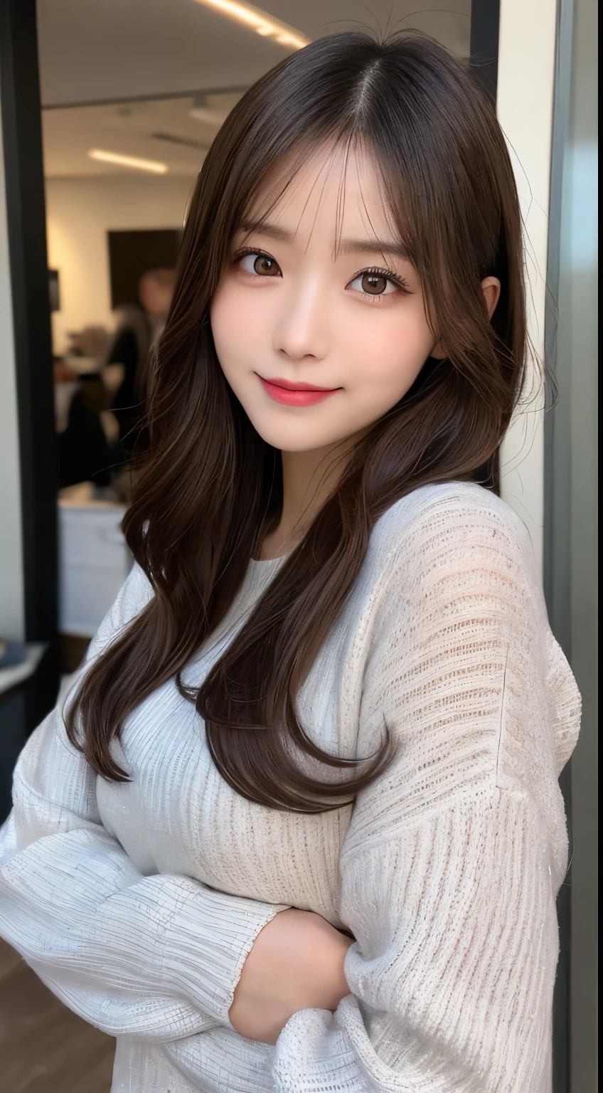masutepiece, Best Quality, Illustration, Ultra-detailed, finely detail, hight resolution, 8K Wallpaper, Perfect dynamic composition, Beautiful detailed eyes, long sleeve casual office clothes,Medium Hair,small tits,Natural Color Lip, Bold sexy poses,Smile,Harajuku、20 years girl、Cute、Sexy shot looking at camera,Blur the background,beautifull detailed face,Take only the face
