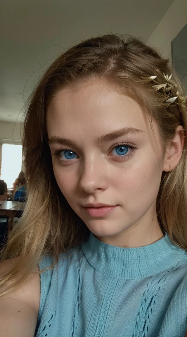 There a woman ava, young adorable American blond girl, Ketherine Langford face features. blue eyes. Selfie from iphone camera. esthetic