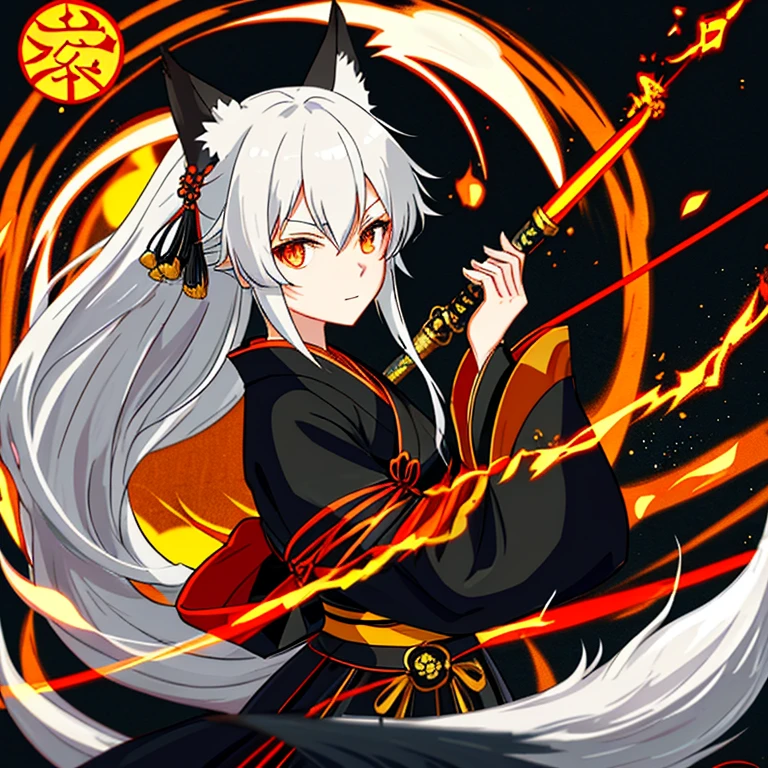 Black armored kimono,tsurime,orange eyes,fox_ears,Fox tail,white_hair,Low-tied long hair,hanfu,1girl, holding rapier