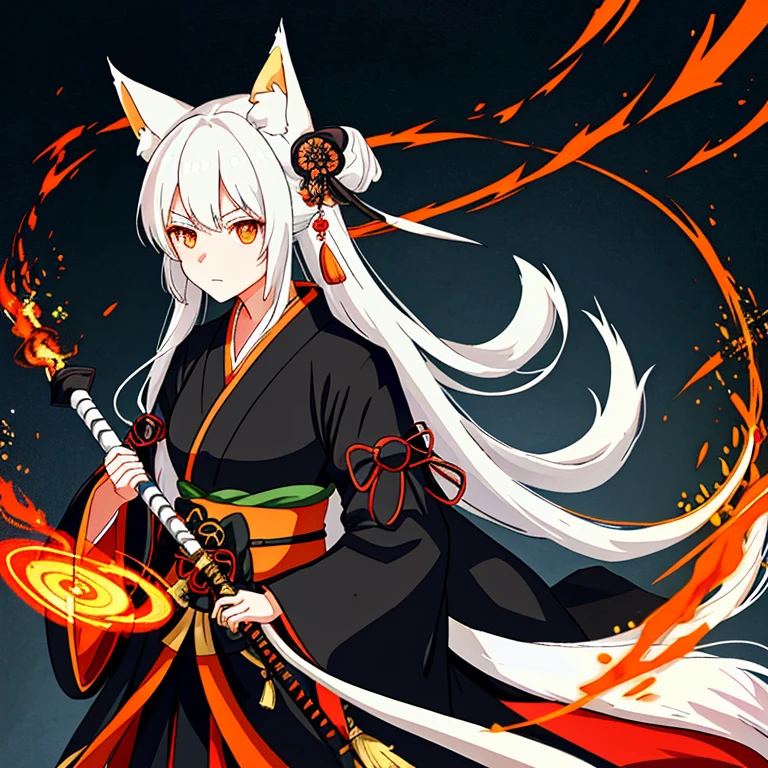 Black armored kimono,tsurime,orange eyes,fox_ears,Fox tail,white_hair,Low-tied long hair,hanfu,1girl, holding rapier