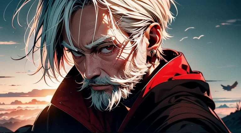 An white haired asian male with tanned skin,(the same person , 26 years old, white beard with long white hair and red pupil, wearing black robe), showing his back to the viewer, standing atop a hillside, watching as sun set on land , war torn, vagabond art style, kentaro miura art style, close up , ( full body), detailed lighting and shadows, detailed, masterpiece, 4k, good image, perfect face, good anatomy, good posture, solo.