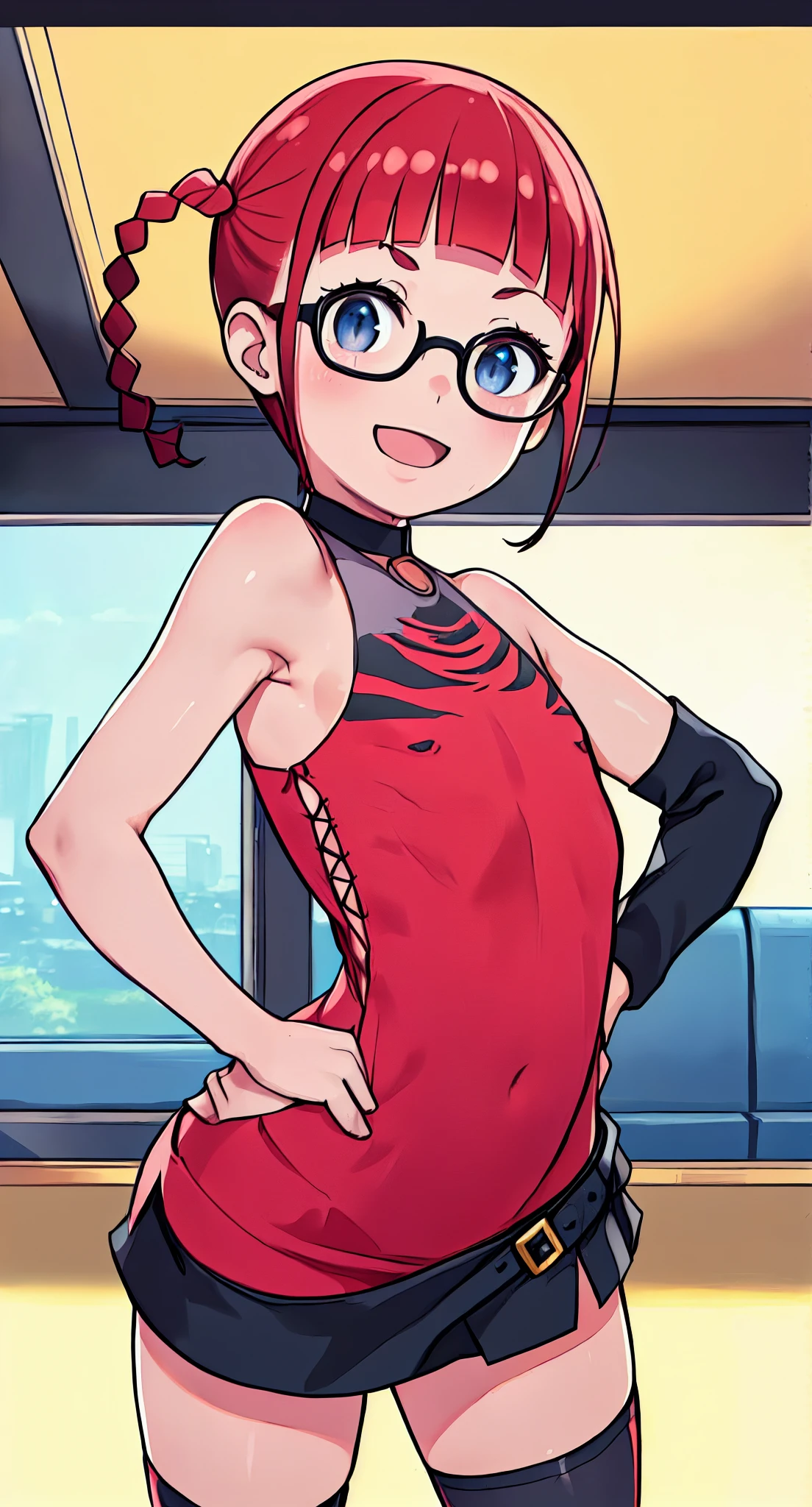 (Perfect body),Best Quality,(8K Portrait),(Official art)、((NSFW))、(((tiny chest)))、fatness、((Shorthair))、Twin-tailed、blush,((red hairs)),(Sweat),((Sleeveless white shirt))、Leotard、Black knee socks、1girl in,((((:D))))、(((right hand salute pose)))、(((Left hand on hip)))、On the train、eye glasses