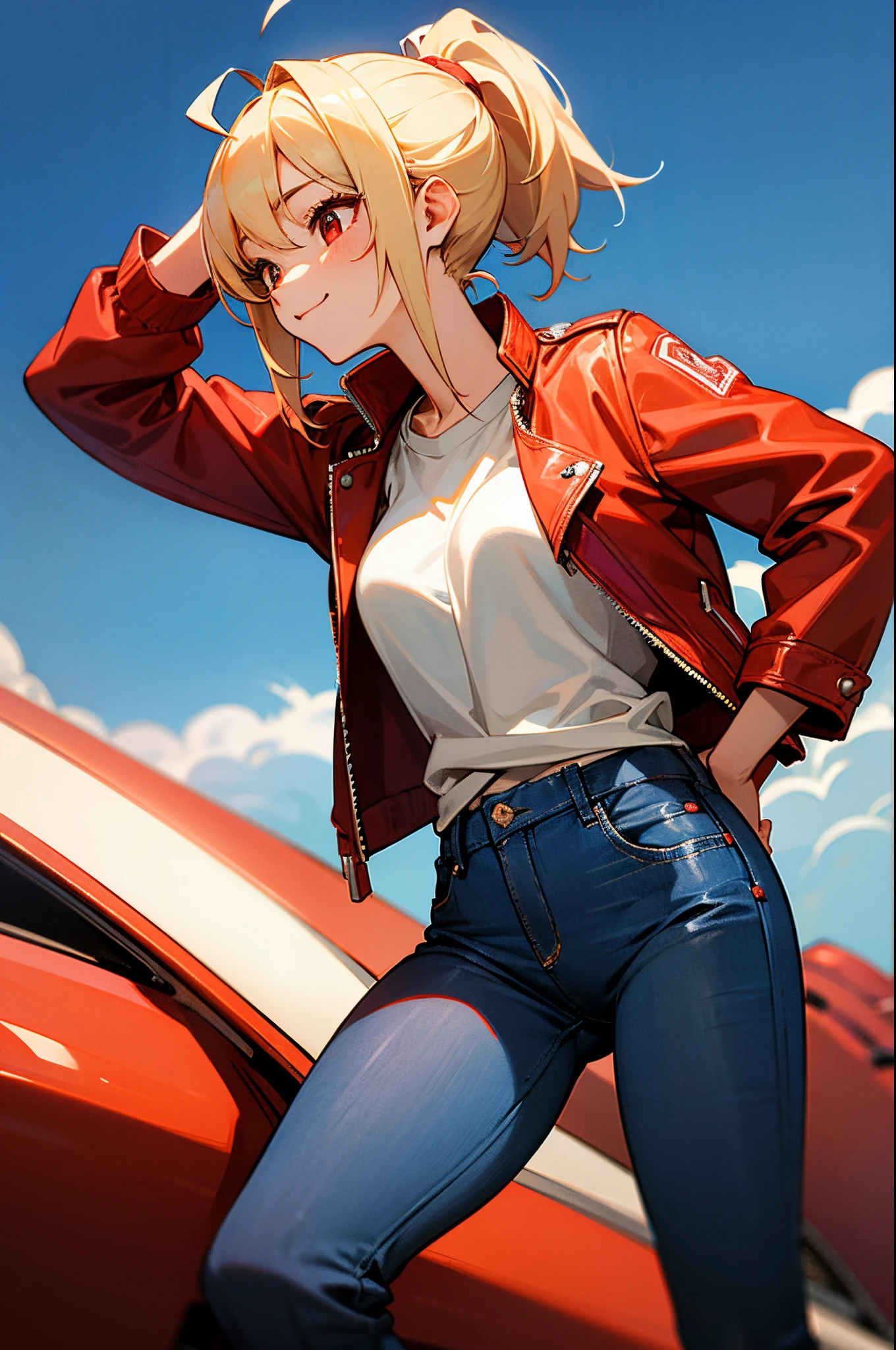 girl、Blonde ponytail、Ahoge、big round red eyes、White T-shirt、red leather rider jacket、Blue jeans pants、A slight smil