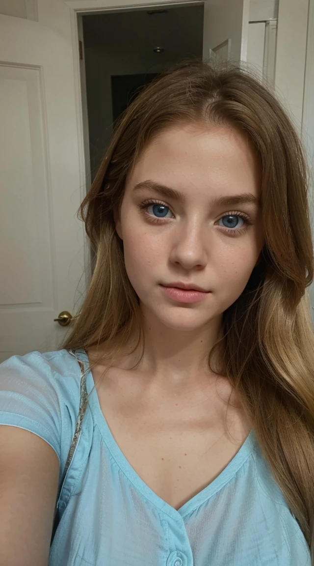There a woman ava, young adorable American blond girl, Ketherine Langford face features. blue eyes. Selfie from iphone camera.