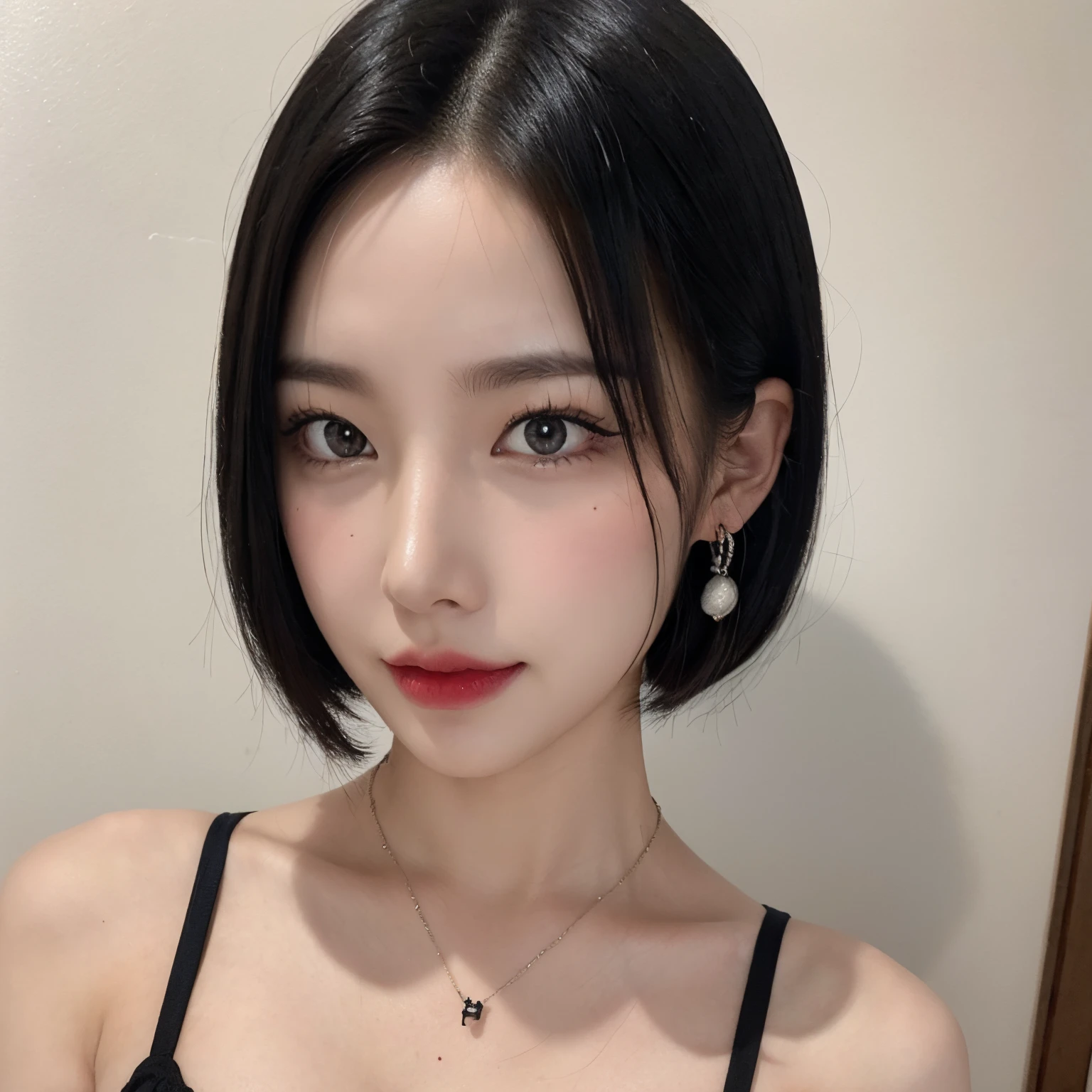 (8k, RAW photo, highest quality, masterpiece:1.2), ultra detail, ultra high resolution, (photorealistic, photorealistic photo:1.37), portrait, high detail RAW color photo, professional photo, extremely delicate and beautiful, extremely detailed, 8k wallpaper, amazing and detailed detail, huge file size, official art, highly detailed CG Unity 8k wallpaper, very detailed beautiful woman, very detailed face, very detailed eyes, very detailed skin, Very detailed fingers, very detailed nose, very detailed mouth, perfect anatomy, very detailed background, very detailed clothes, 1girl, (25 years old:1.2), 20s, cute woman, realistic body, petite, fair skin, radiant skin, slender body, handsome body, black hair, short hair, (blunt bangs:1.2), smile, youth, realistic face, delicate eyes, drooping eyes, lingerie, see-through, earrings, viewer view, cowboy shot, facing front, contraposto, dynamic lighting, very big breasts, cowboy shots, shadows, fashion shows, shows, dynamic poses, lighting, necklaces, straddling