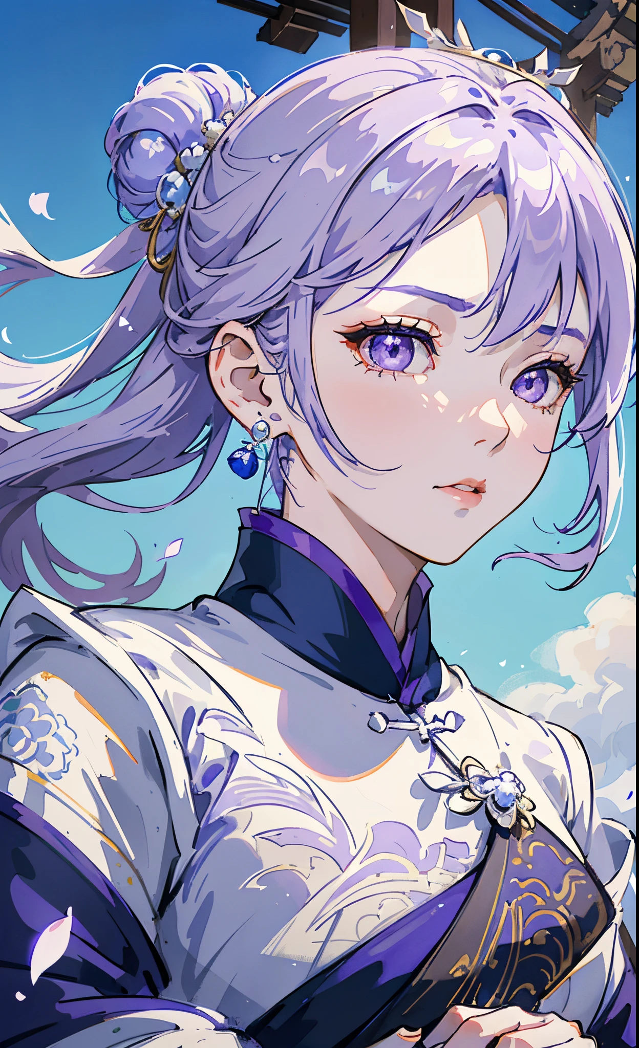 Mature girl, purple eyes, blue-white hair color, floating hair, delicate and flexible eyes, intricate damask hanfu, gorgeous accessories, wearing pearl earrings, fov, f/1.8, masterpiece, ancient Chinese architecture, blue sky, flower petals flying, front portrait shot, Chang'e, side lighting, sunlight on people, 8K