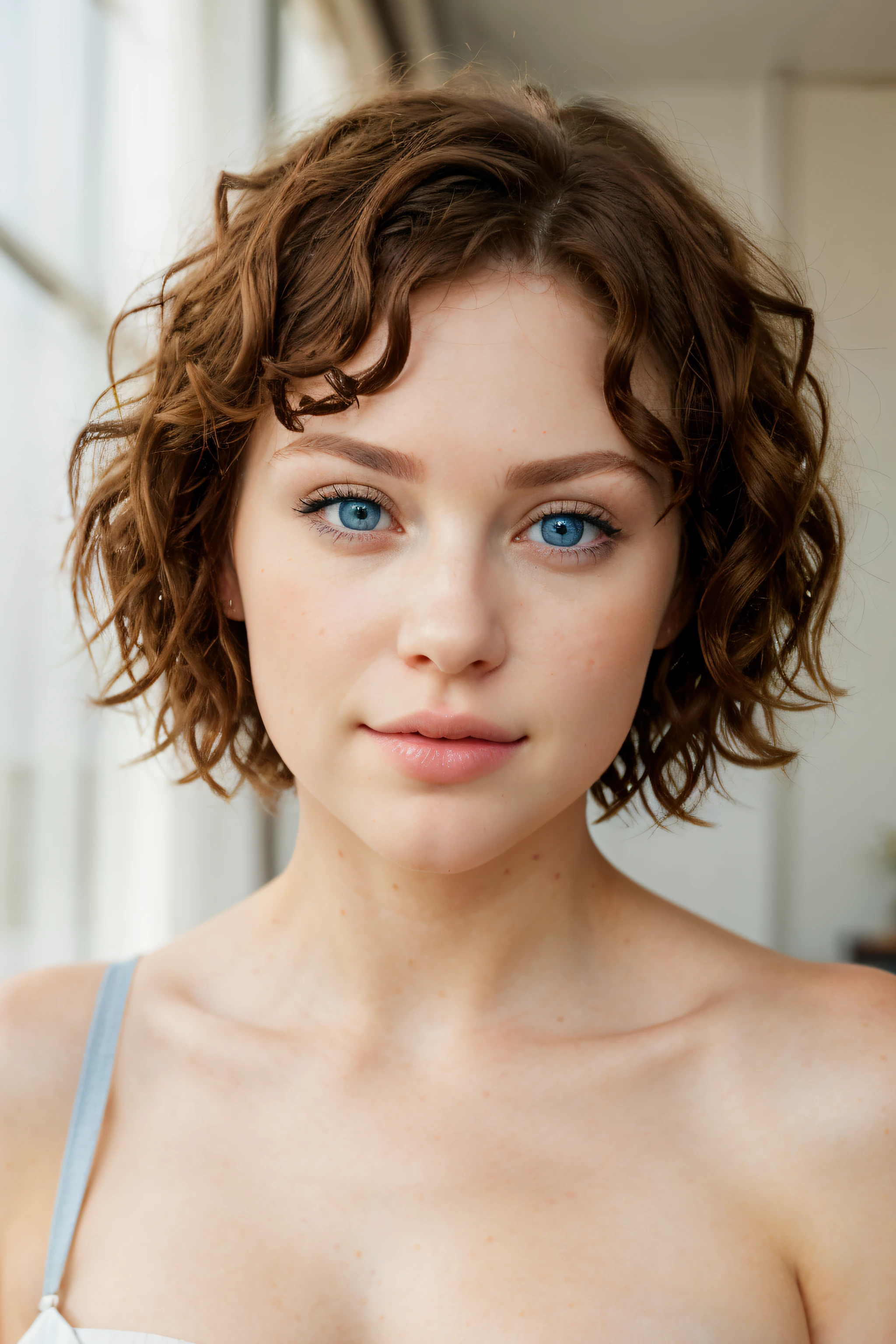 Front view of a magnificent young woman with blue eyes, this woman has short and curly hair, luscious lips. photographic details