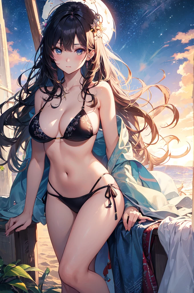 focusing on people. Create the best glowing composition of the person、Express. ((masutepiece)), (((Highest Quality)))), ((Ultra Detail)), (A hyper-realistic), (Highly detailed CG illustrations), (Very delicate and beautiful), Girl as a masterpiece, Highest Quality, Realistic skin, Realistic fabric, Realism illustration focusing on a girl with realistic and ultra-detailed eyes in the center front. this is the absolute rule, and the following sentence expresses the image quality.
BREAK is a dynamic crotch opening with a dynamic pose shape.、
(((A woman in a sexy micro bikini sits on a beautiful beach。, Bikini aesthetics, beautiful bikini woman, Beautiful Girl, Bikini portrait, Beautiful bikini girl, Sculpture Girl, Beautiful woman, portrait of fairy, Bikini-like, beautiful book bikini girl, Wavy Hair))), Create stunning anime artwork that's currently trending with seaStation, Showcasing exquisite beauty and seductive aesthetics. Imagine a scene with a petite Japan schoolgirl, zora々With a good face and clear eyes, Under the stars in the world of、lie down on a grassy hill "princessmononoke". Grass rustles softly in the wind, Sounds of nature that provide a soothing soundtrack. Her slender body and fine skin shine in the moonlight. Her clothes and accessories, Realistically drawn, Depends on the material of the fabric. Twinkling stars in the sky, Add realism to your scene. This image is、Captures the miraculous moments of her life as she bravely lives in this different world. Sony Alpha 1 mirrorless camera and Sony FE 24〜Using the 105mm f/4G OSS Lens. Set the ISO sensitivity to 32,000 and shutter speed to 1/125 sec. The image is、It must be framed so that the girl in the center is visible。, Vast starry sky and gentle hills above "princessmononoke" In the background. --ar 16:9 - V5.1 --Style raw --Q 2 --S 750