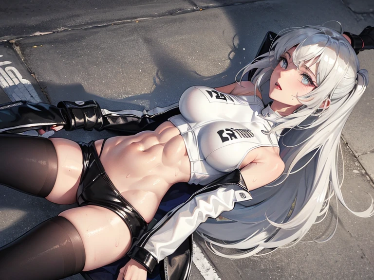 1 woman, ((overhead view)), abs, belly buttom, fitness, wide hips, wide shot, white crop top, leather short shorts, oversized leather jacket, open shoulders, silver hair, large breasts, long hair, leaning to the side, street, ((sweat))