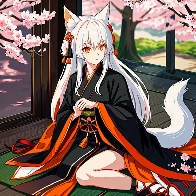 Black armored kimono,tsurime,orange eyes,fox_ears,Fox tail,white_hair,Low-tied long hair,hanfu,1girl, sitting infront of sakura trees
