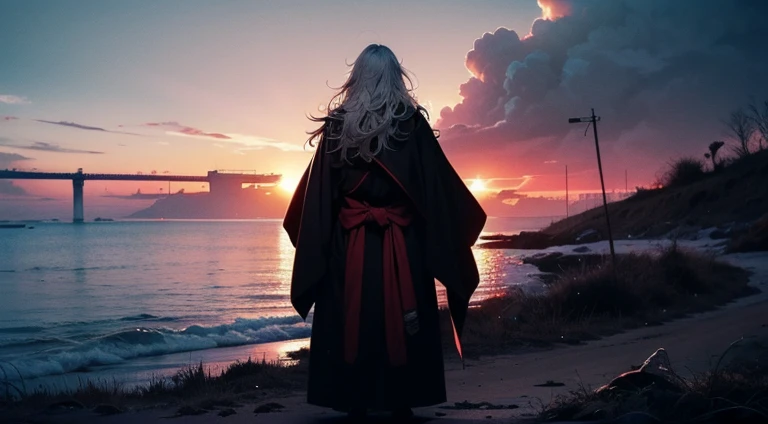 A long messy white haired asian male with tanned skin,(the same person , 26 years old, white beard with long white hair and red pupil, wearing black robe), showing his back to the viewer, watching as sun set on land , war torn background, vagabond art style, kentaro miura art style, back view, wide angle, ( full body), detailed lighting and shadows, detailed, masterpiece, 4k, good image, perfect face, good anatomy, good posture, solo, Nice depth details