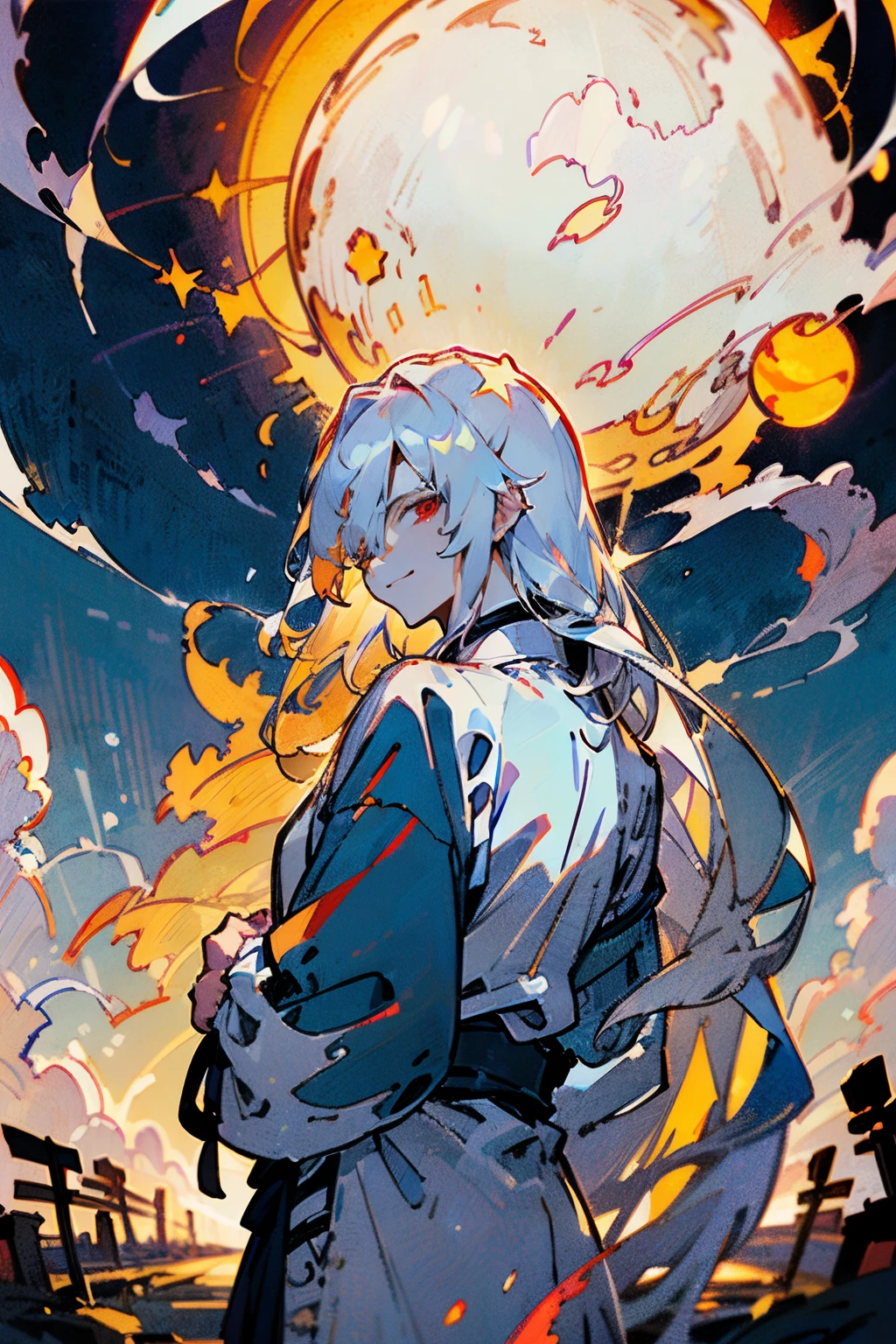 Anime - stylistic image of a man with long white hair and four eyes on his face, A man with white long hair stands half-turned and looks at the camera, ((tmasterpiece)), ((beste-Qualit, hight resolution, ultradetailed), bright colours, ((((1 male)))), Male character, grown up, tall muscular guy, wide shoulders, Strong Character, Fantasy, dnd, person, red-eyes, albino, ((4 eyes)), 2 Pairs of eyes, The Albino Man, Pure White Long Hair, White long hair (hair above one eye), (big hair), white colored hair, slick hair, straight hair, Creating an atmospheric atmosphere, pale skin, macabre, Gloomy design, Has red smoke and aura, eldritch, Creepy, nightmarish, light around the head, Additional lighting, Against the background of the sky, Beautiful and harmonious scene, Exquisite animation, Rich Details (width 672), hiquality, 4K clarity, 4K Art Wallpaper, Stunning Anime Landscape, 8K Artistic Wallpaper, Anime - style of a beautiful sky scene with a star and planet, cosmic sky. makoto sinkai, Anime Art Wallpapers 4K, in a white kimono, looks at the viewer, canny smile, smirk, muscular back, Men's Back, white-haired god, White Silk Clothing, Gold Pattern