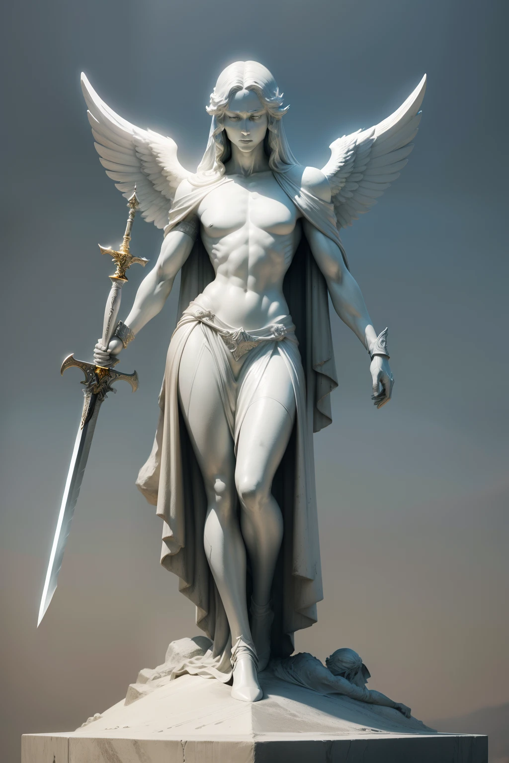 The most detailed high resolution shot on film, statue of an angel that is futuristic and is made of concrete (sword in hand) An angel statue designed by Rick Owens.
