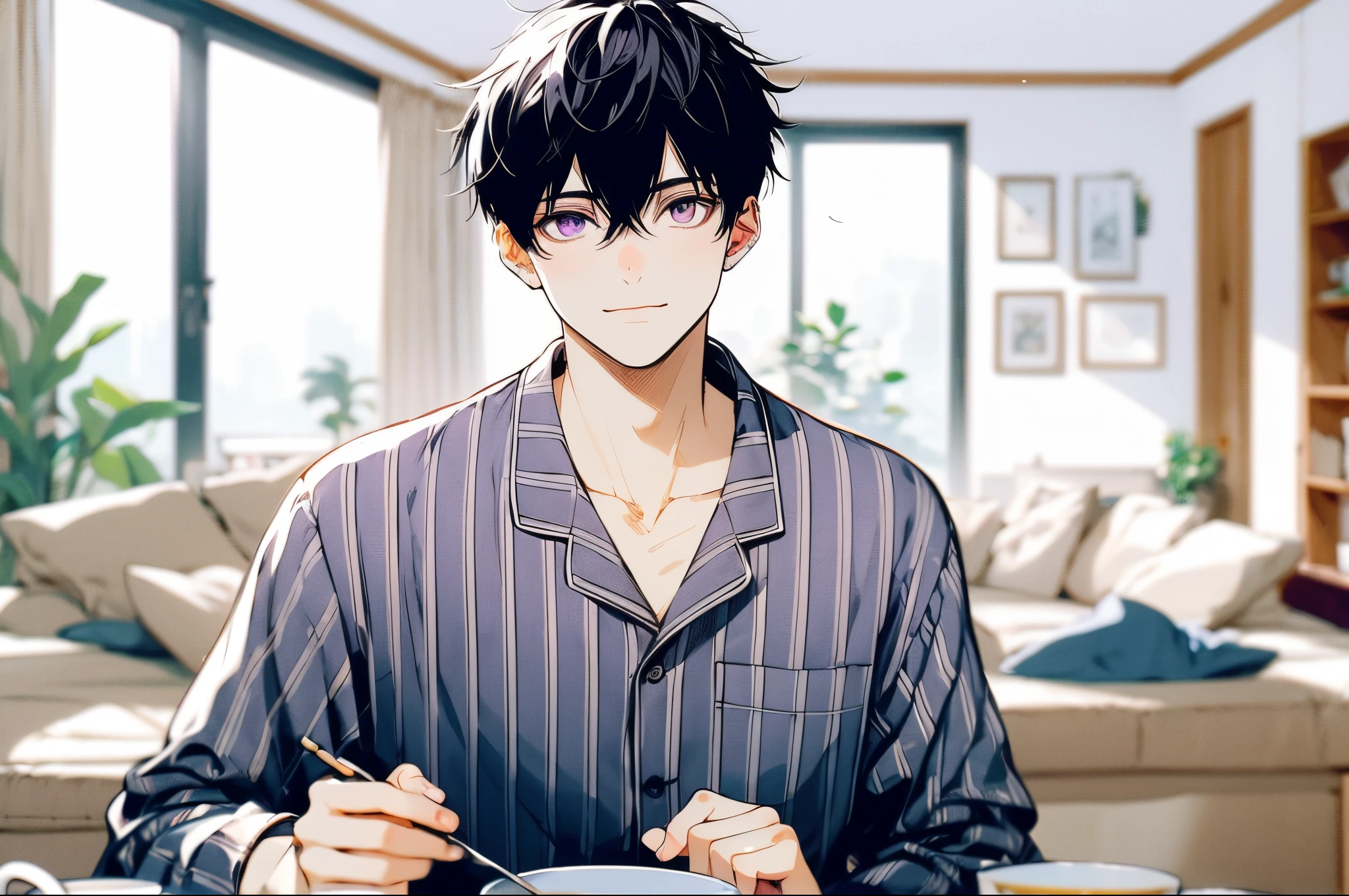 smil、This is a Pixiv-style vertical illustration of Black-kun.。, 19 year old handsome young man with short dark hair, narrow purple eyes, and healthy, slim muscular. He is wearing pajamas and enjoying breakfast at home. Drawings must be detailed, Capture the morning light in a cozy home environment, Reflects a relaxed and comfortable atmosphere