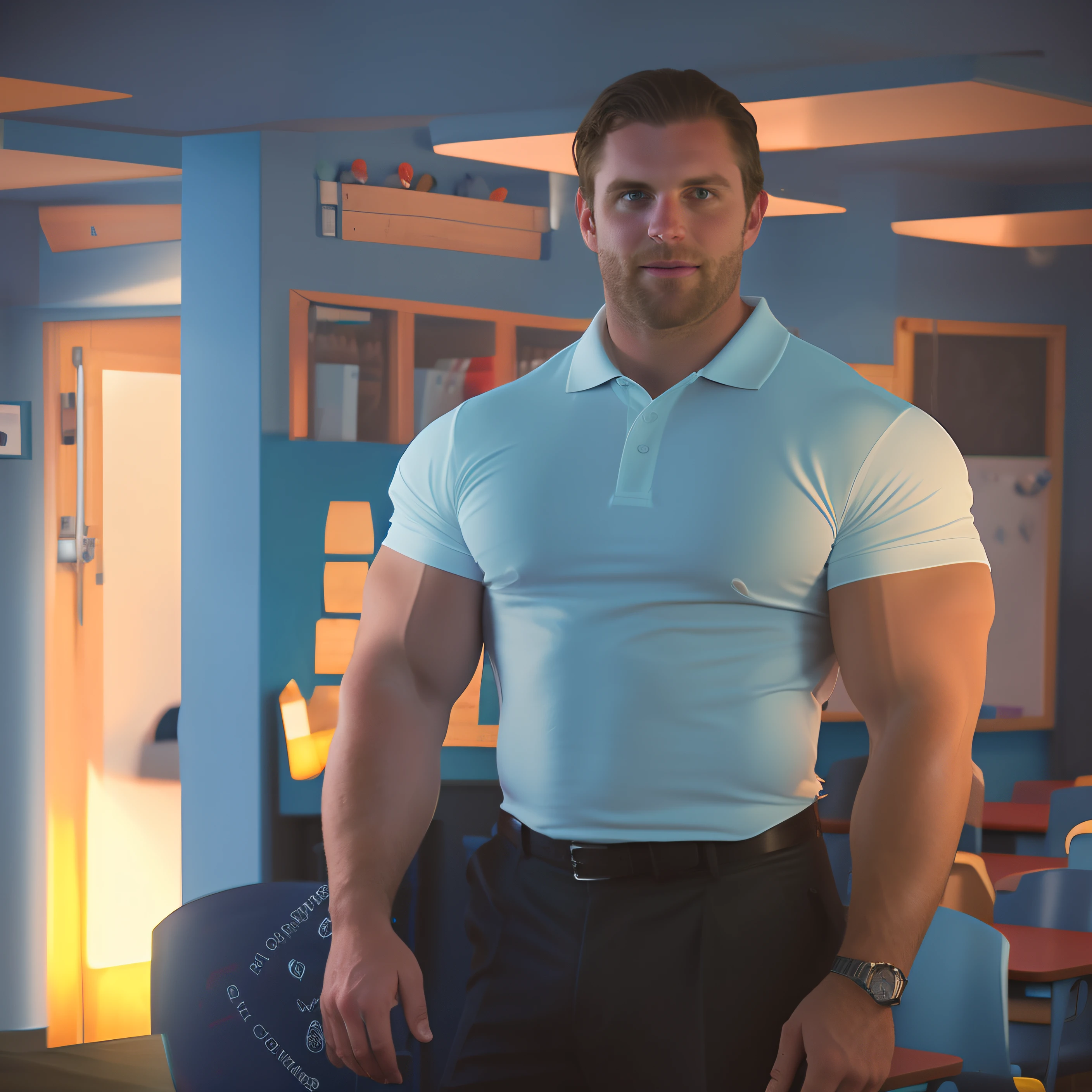 Long dark hair , dad , white polo shirt , teacher , classroom