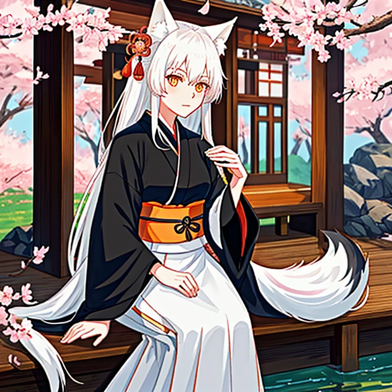 Black armored kimono,tsurime,orange eyes,fox_ears, white Fox tail,white_hair,Low-tied long hair,hanfu,1girl, sitting infront of sakura trees