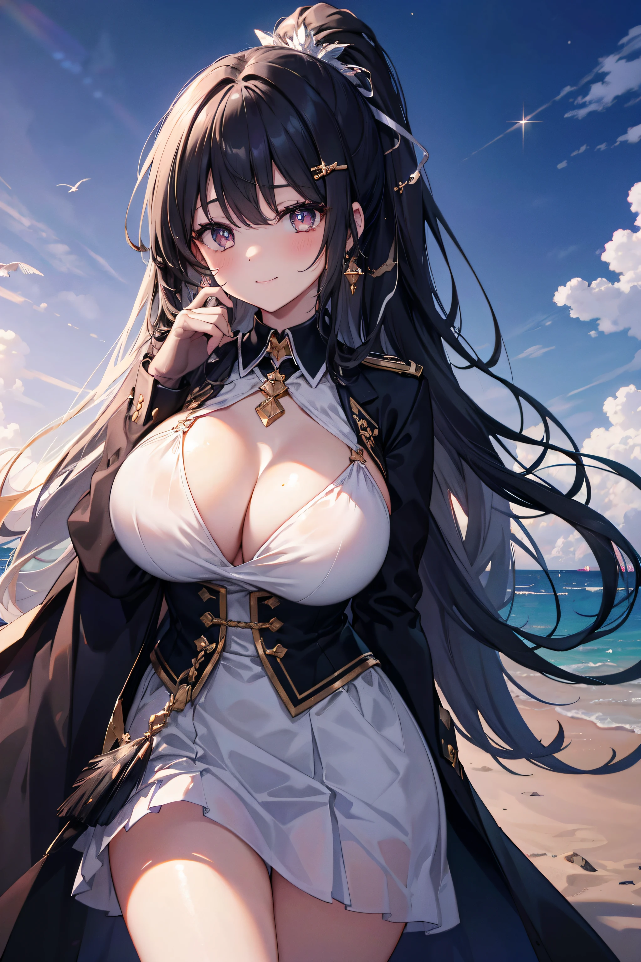 3filles, (wavy ponytail, hair over shoulder, very long hair, cheveux très épais), (poils noirs), (beautiful detailed eyes, yeux noirs, star-shaped pupil, pupilles en forme de losange), Sourires, joyeux , grosse poitrine, clivage, crescent earrings, Fallen Angel, 2 paires d'ailes noires, halo breeze, (beautiful necklace in cuir bijou detail), (épingle à cheveux en plumes d'oiseau), (Plages, ville, dans le ciel) Lens rash abuse, aberration chromatique, High detail, Anime, romantisme, op art, profondeur de champ, Flou de mouvement, glowing light, grain du film, UHD, retina, Precise, Masterpiece, anatomiquement correct, textured skin, super detail, High Details, High quality, award winning, Best quality, high resolucion, 16k, les mains dans le dos
