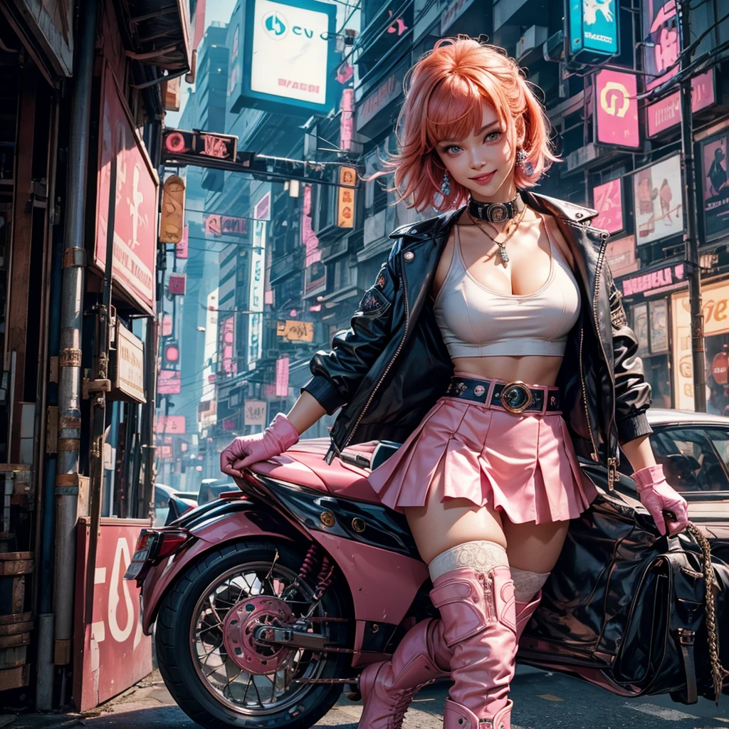 1girl, solo, cowboy shot, beautiful noralkyrie, looking at viewer, blush, smile, short hair, bangs, blue eyes, holding, hair between eyes, jewellery, medium breasts, collarbone, full body, shiny orange hair, grin, blue cropped jacket, white thighhighs, dynamic pose, metallic gloss, ((aesthetic cyberpunk)), (volumetric lighting), best quality, masterpiece, intricate details, tonemapping, sharp focus, hyper detailed, heart cut-out, gloves, jacket, pink skirt, pink belt, short sleeves, puffy sleeves, single armband, fingerless gloves, pink gloves, white ankle boots with pink soles, cyberpunk city background