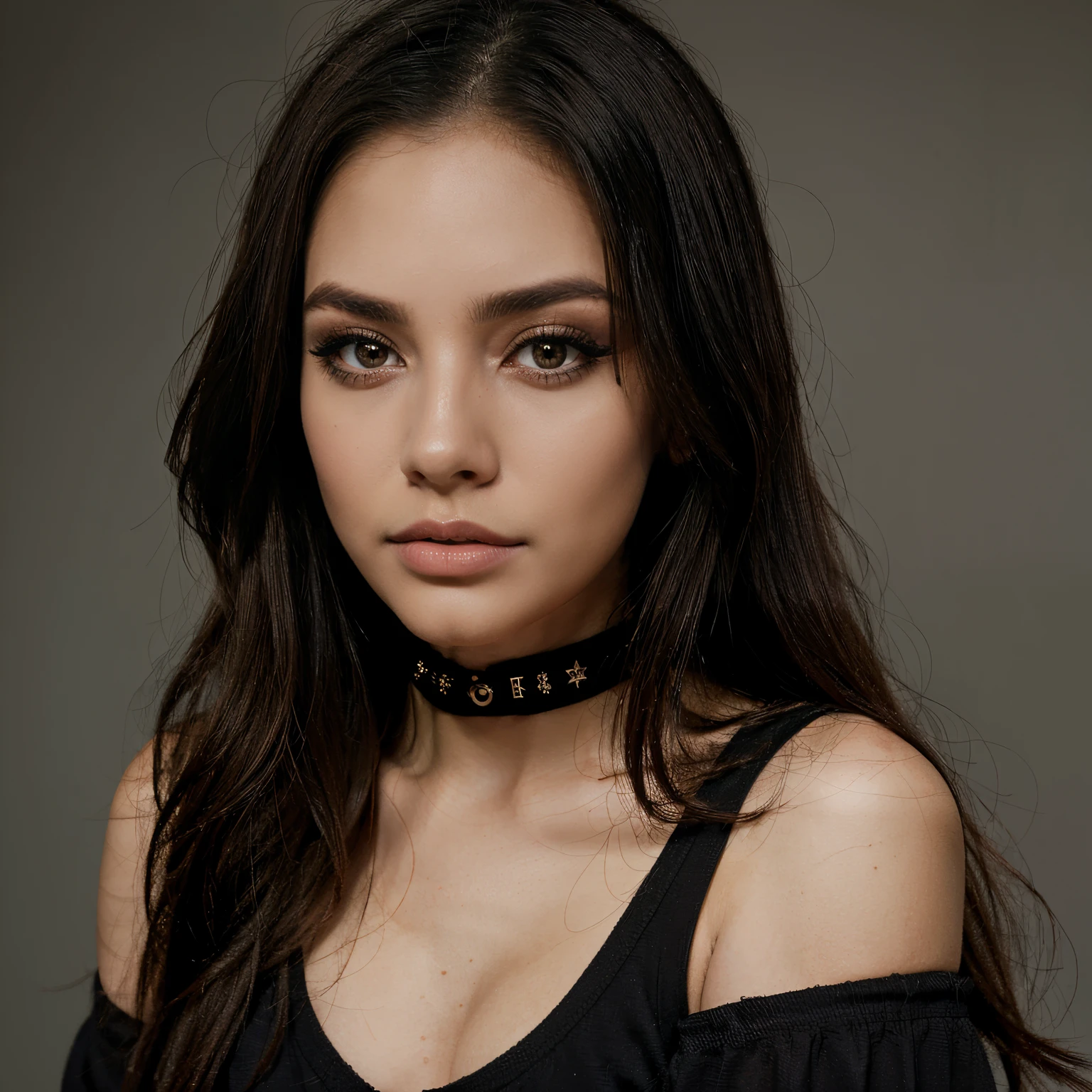(Masterpiece), (Realistic), (best quality), (8K), ultra-detailed, UHD, RAW, (beautiful+attractive+symmetric+cute+very-cute+lovely)), cute_petite_18-years-woman, (big breasts:1.3), clean_tan_skin, round_face_shape, straight-short_black_hair, (small)_(arched)_eyebrows, brown_small-almond_upturned_broad_eyes, most-beautiful_beautiful_nose, big_circle_round_(round)_beautiful_feminine_cute_cheeks, beautiful_cheekbones, red_lips, rounded_beautiful_feminine_jaw, rounded_chin, beautiful_petite_feminine_body, slave, (slave woman), (slavegirl), (medieval slavegirl), medieval atmosphere, wearing distressed dress, scared_expression, (looking_at_viewer), (upper body), white backdrop