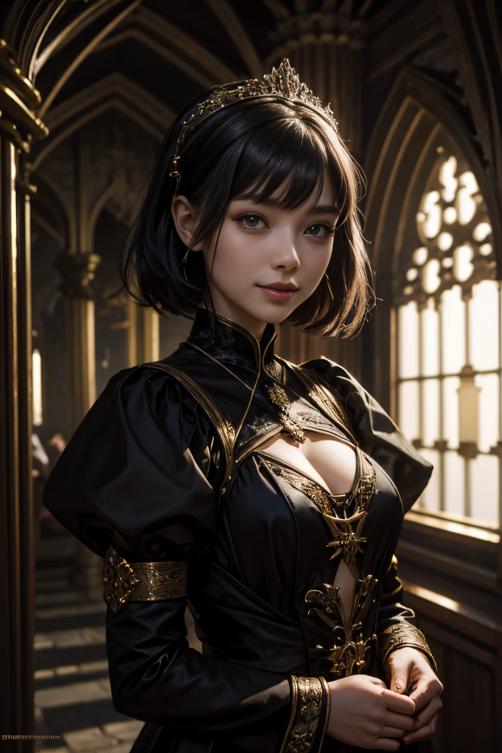 Marta Gromova (Ukrainian Model), ((Asian features)), ((short dark hair)), sexy, wearing a black medieval dress, cute smile, in a castle
