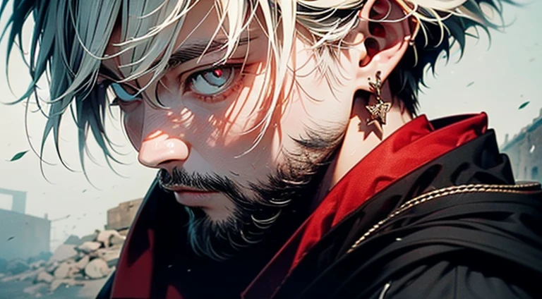 A long white haired asian male with tanned skin,(the same person , 26 years old, white beard with long messy white hair and red pupil, wearing black robe), showing his back to the viewer, observing war torn terrain background, vagabond art style, kentaro miura art style, close up , ( full body), detailed lighting and shadows, detailed, masterpiece, 4k, good image, perfect face, good anatomy, good posture, solo, Nice depth details