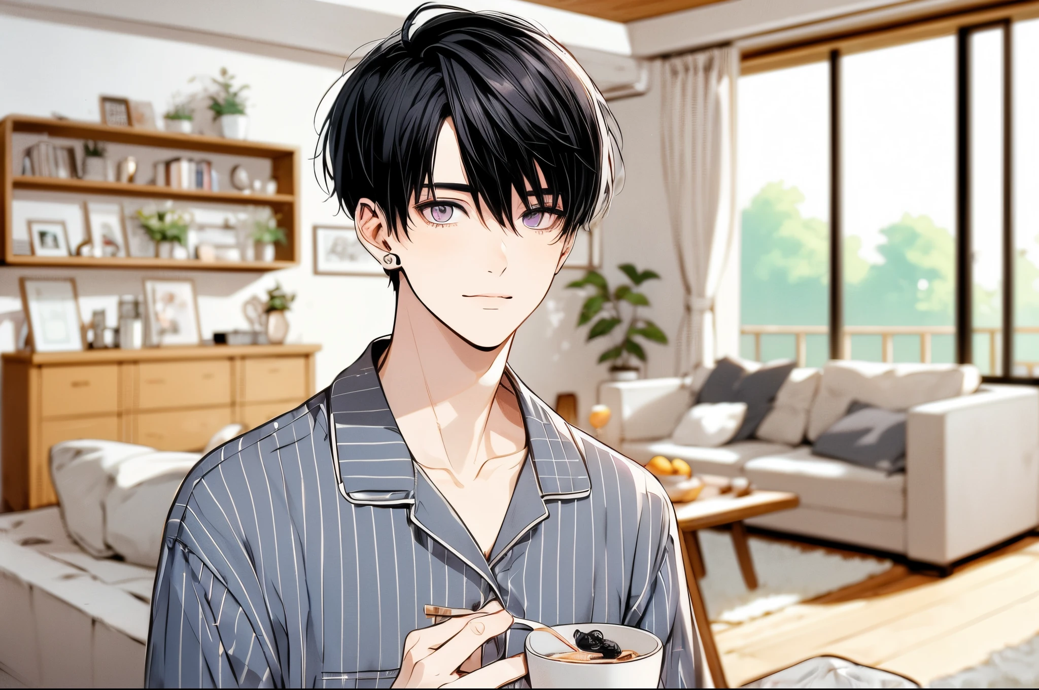 smil、This is a Pixiv-style vertical illustration of Black-kun.。.。, 19 years old handsome young man with short dark hair, narrow purple eyes, and health, Slim muscles. He is wearing pajamas and enjoying breakfast at home. drawings must be detailed, Capture the morning light in a cozy home environment, Reflects a relaxed and comfortable atmosphere