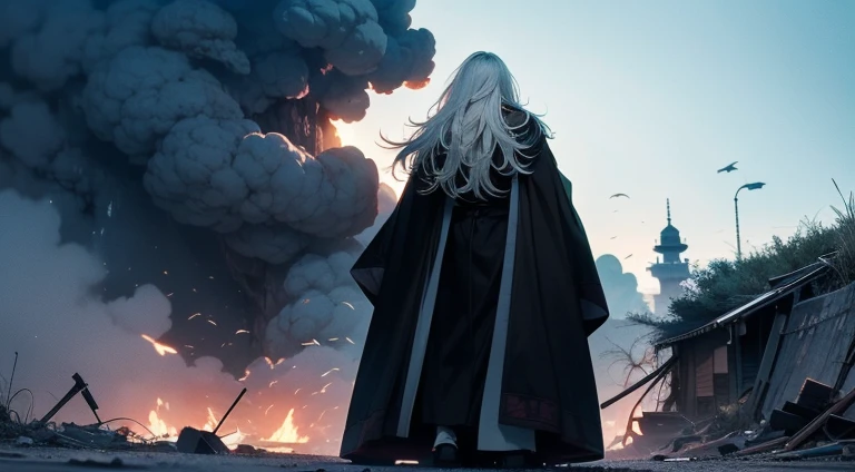 A long white haired asian male with tanned skin,(the same person , 26 years old, white beard with long messy white hair and red pupil, wearing black robe), showing his back to the viewer, observing war torn terrain background, vagabond art style, kentaro miura art style, wide angle, ( full body), detailed lighting and shadows, detailed, masterpiece, 4k, good image, perfect face, good anatomy, good posture, solo, Nice depth details