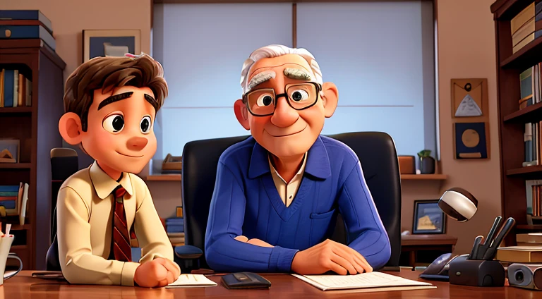 A fourty-year-old father sits in his office at home, with a computer in front of him, and his son is 16 year old sitting on the chair opposite him, sharing a conversation with each other.